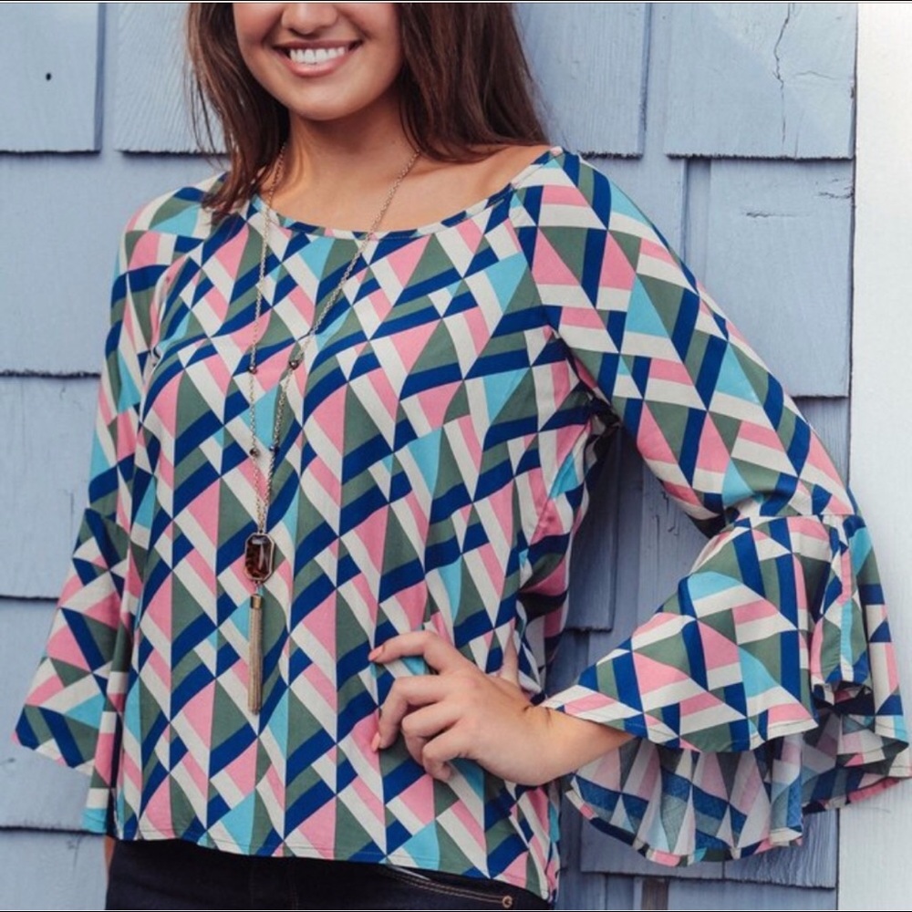 • Ruffle Sleeve & Maze Print Blouse • - Picture 3 of 5